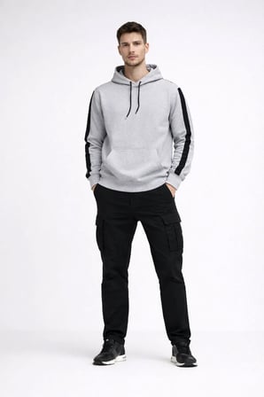 Erkek Şeritli Kapüşonlu Oversize Sweatshirt 3 iplik Pamuklu hoodie - Beyaz