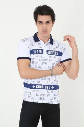 Erkek Polo Yaka Tişört Slim Fit Baskılı Kısa Kol T-Shirt - Beyaz