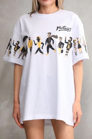 kadın Bisiklet Yaka Baskılı Oversize T-Shirt - Beyaz