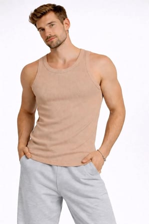 Erkek Fitilli Atlet Sıfır Yaka Slim Fit Arka Baskılı Spor Atlet - Bej