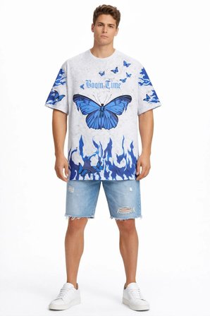 Erkek Asit Yıkamalı Oversize Tişört Bisiklet Yaka Kısa Kol T-shirt - Beyaz