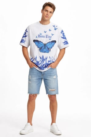 Erkek Asit Yıkamalı Oversize Tişört Bisiklet Yaka Kısa Kol T-shirt - Beyaz