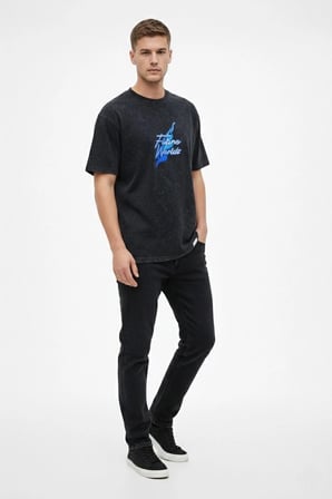 Erkek Asit Yıkamalı Oversize Tişört Bisiklet Yaka Kısa Kol T-shirt - Siyah