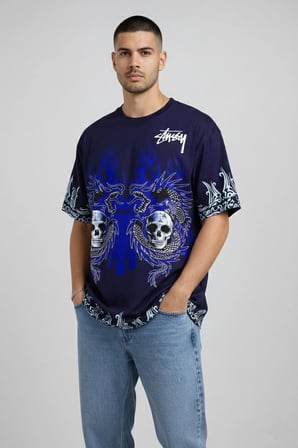 Erkek Oversize Tişört Dragon Kuru Kafa Baskılı Bisiklet Yaka T-Shirt - Lacivert