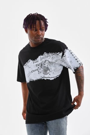 Erkek  Bisiklet Yaka Baskılı Oversize T-Shirt - Siyah