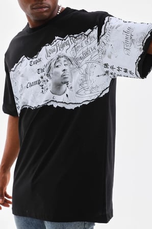 Erkek  Bisiklet Yaka Baskılı Oversize T-Shirt - Siyah