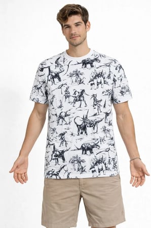 Erkek Dinozor Dijıtal ön ve arka Baskılı Tişört Bisiklet Yaka T-Shirt - Beyaz