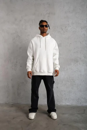 Erkek 3 İplik Pamuklu Kapüşonlu Kanguru Cepli Sweatshirt Hoodie - Beyaz