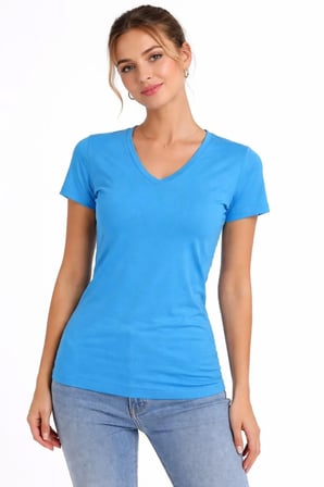 Kadın T-Shirt V Yaka Slim Fit Likralı Tişört Yazlık Basic Body - Açık Mavi