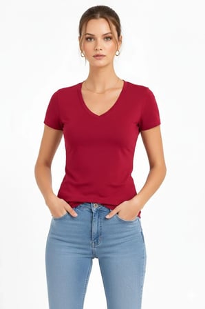 Kadın T-Shirt V Yaka Slim Fit Likralı Tişört Yazlık Basic Body - Kırmızı