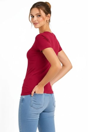 Kadın T-Shirt V Yaka Slim Fit Likralı Tişört Yazlık Basic Body - Kırmızı