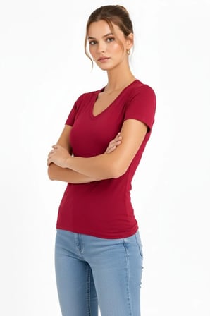 Kadın T-Shirt V Yaka Slim Fit Likralı Tişört Yazlık Basic Body - Kırmızı