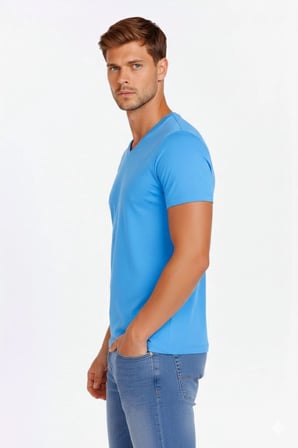 Erkek Body T-shirt V Yaka Slim Fit Likralı Kısa kol Tişört - Açık Mavi