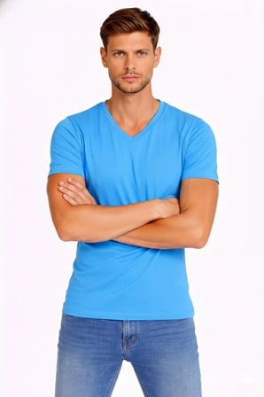 Erkek Body T-shirt V Yaka Slim Fit Likralı Kısa kol Tişört - Açık Mavi