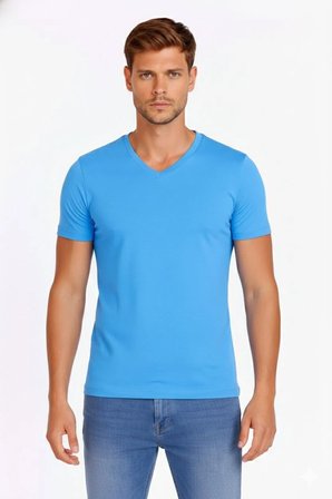 Erkek Body T-shirt V Yaka Slim Fit Likralı Kısa kol Tişört - Açık Mavi