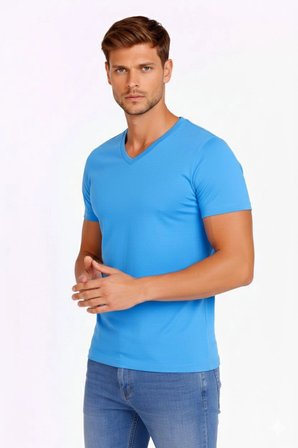 Erkek Body T-shirt V Yaka Slim Fit Likralı Kısa kol Tişört - Açık Mavi
