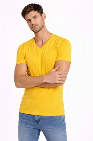 Erkek Body T-shirt V Yaka Slim Fit Likralı Kısa kol Tişört - Limon