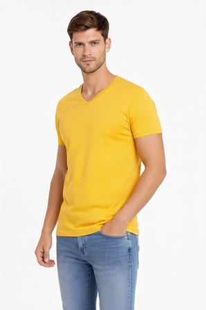 Erkek Body T-shirt V Yaka Slim Fit Likralı Kısa kol Tişört - Limon