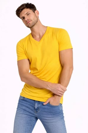 Erkek Body T-shirt V Yaka Slim Fit Likralı Kısa kol Tişört - Limon