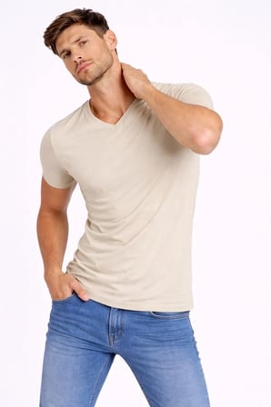 Erkek Body T-shirt V Yaka Slim Fit Likralı Kısa kol Tişört - Taş