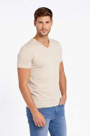 Erkek Body T-shirt V Yaka Slim Fit Likralı Kısa kol Tişört - Taş