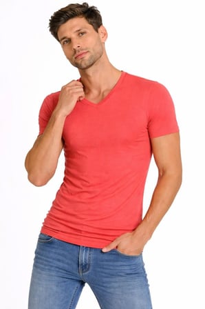 Erkek Body T-shirt V Yaka Slim Fit Likralı Kısa kol Tişört - Nar Çiçeği