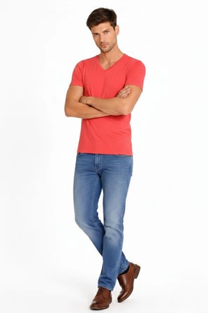 Erkek Body T-shirt V Yaka Slim Fit Likralı Kısa kol Tişört - Nar Çiçeği