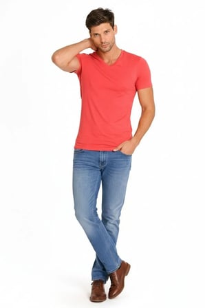 Erkek Body T-shirt V Yaka Slim Fit Likralı Kısa kol Tişört - Nar Çiçeği