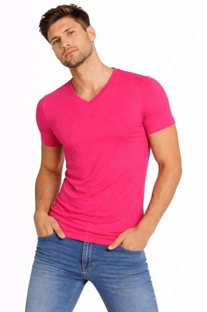 Erkek Body T-shirt V Yaka Slim Fit Likralı Kısa kol Tişört - Pembe