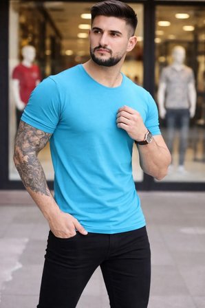 Erkek Body Tişört Bisiklet Yaka Slim Fit Likralı T-Shirt - Açık Mavi