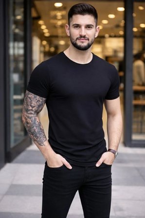 Erkek Body Tişört Bisiklet Yaka Slim Fit Likralı T-Shirt - Siyah