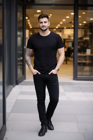 Erkek Body Tişört Bisiklet Yaka Slim Fit Likralı T-Shirt - Siyah