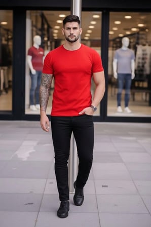 Erkek Body Tişört Bisiklet Yaka Slim Fit Likralı T-Shirt - Kırmızı