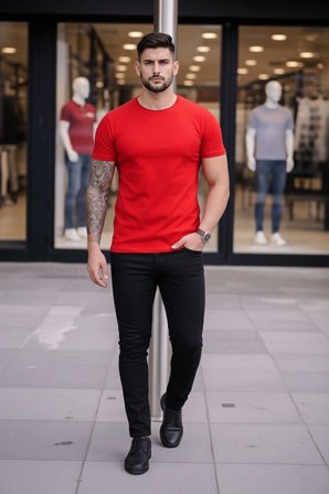 Erkek Body Tişört Bisiklet Yaka Slim Fit Likralı T-Shirt - Kırmızı