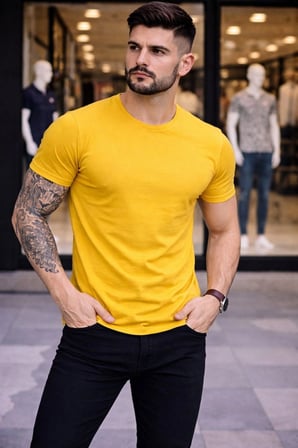 Erkek Body Tişört Bisiklet Yaka Slim Fit Likralı T-Shirt - Sarı