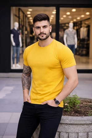 Erkek Body Tişört Bisiklet Yaka Slim Fit Likralı T-Shirt - Sarı