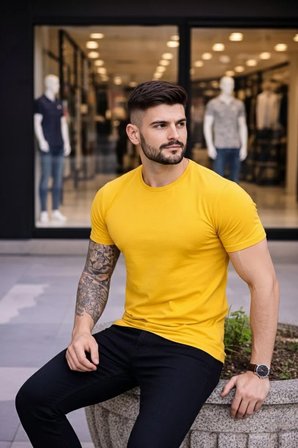 Erkek Body Tişört Bisiklet Yaka Slim Fit Likralı T-Shirt - Sarı