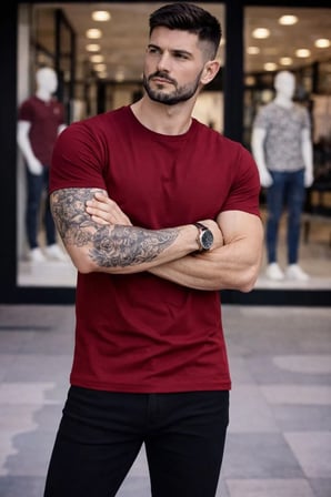 Erkek Body Tişört Bisiklet Yaka Slim Fit Likralı T-Shirt - Bordo