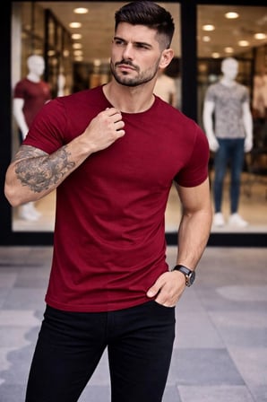 Erkek Body Tişört Bisiklet Yaka Slim Fit Likralı T-Shirt - Bordo