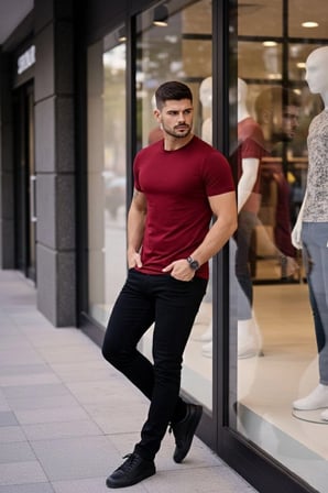 Erkek Body Tişört Bisiklet Yaka Slim Fit Likralı T-Shirt - Bordo
