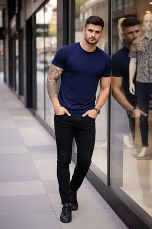 Erkek Body Tişört Bisiklet Yaka Slim Fit Likralı T-Shirt - Lacivert