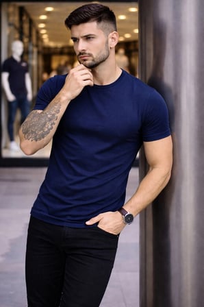 Erkek Body Tişört Bisiklet Yaka Slim Fit Likralı T-Shirt - Lacivert