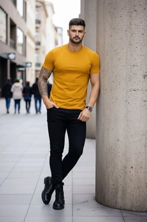 Erkek Body Tişört Bisiklet Yaka Slim Fit Likralı T-Shirt - Limon