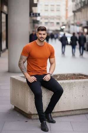 Erkek Body Tişört Bisiklet Yaka Slim Fit Likralı T-Shirt - Koyu Turuncu