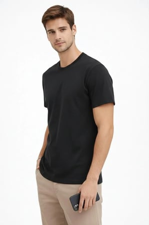 Erkek Bisiklet Yaka Yazlık Kısa kol Düz Tişört Regular Kalıp T-shirt - Siyah