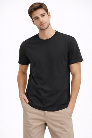 Erkek Bisiklet Yaka Yazlık Kısa kol Düz Tişört Regular Kalıp T-shirt - Siyah