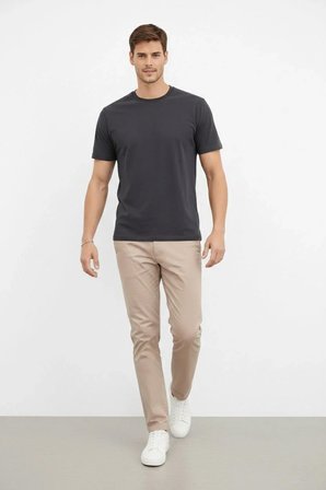 Erkek Bisiklet Yaka Yazlık Kısa kol Düz Tişört Regular Kalıp T-shirt - Füme