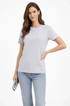 Kadın Bisiklet Yaka Yazlık Kısa kol Düz Tişört Regular Kalıp T-shirt - Gri