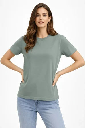 Kadın Bisiklet Yaka Yazlık Kısa kol Düz Tişört Regular Kalıp T-shirt - Mint Yeşili