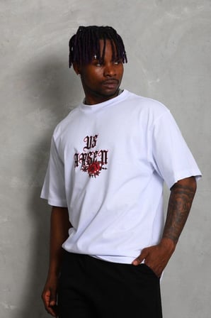 Erkek Baskılı Tişört Kısa Kol Bisiklet Yaka Oversize T-Shirt - Beyaz